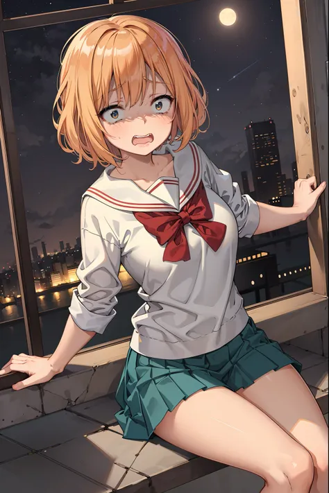 scared expression open mouth clenched teeth, anime girl with red short hair in school uniform, night