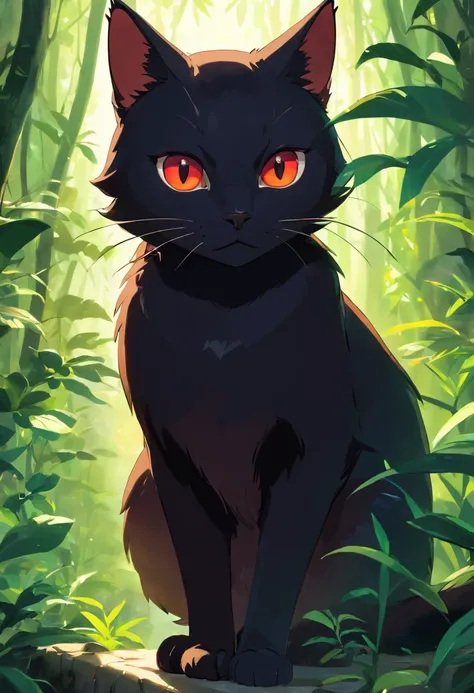 (Best Quality,4k,8K,hight resolution,Masterpiece:1.2),Ultra-detailed,(Realistic,Photorealistic,photo-realistic:1.37),Black Cat,red and black background,Dark colors,High contrast,vegetation,Lush green leaves,Flowing Branches,colorful flowers,Mysterious atmo...