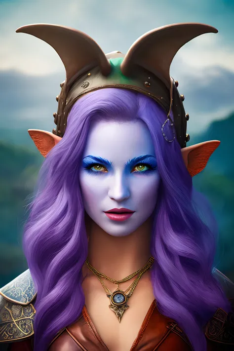 Fantasy portrait of a Beautiful elf woman with blue skin and lavender hair wearing leather armor and a purple dolphin necklace