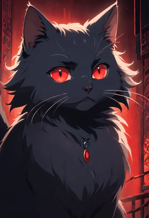 (black cat,red eyes,sharp shadows,red background,black background,dark fantasy) (best quality,4k,8k,highres,masterpiece:1.2),ultra-detailed,(realistic,photorealistic,photo-realistic:1.37),HDR,UHD,studio lighting,extreme detail description,professional,vivi...