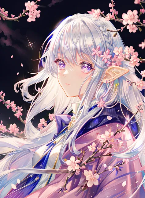 a woman with elf ears, braided silver hair, gentle expression, holding a cherry blossom flower, cherry blossom tree, beautiful rimlighting, night time, starry sky, sparkles, magic effects, cape that looks like a cherry blossom flower