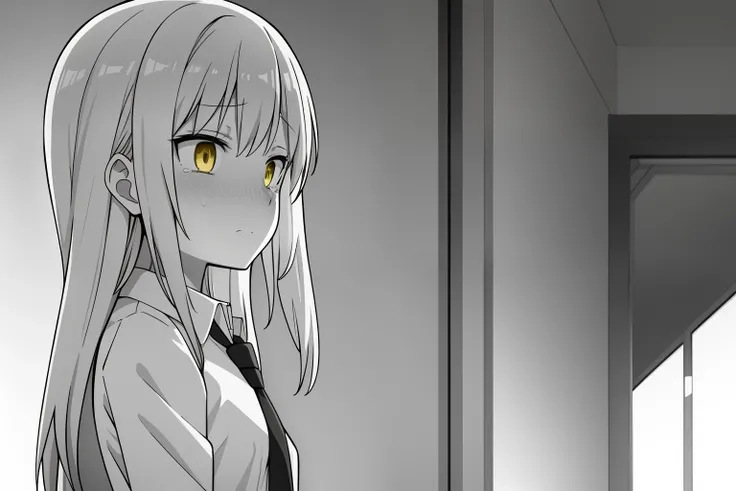 , 1girl, blush, house , set , collared_shirt, , greyscale, hetero, white long_hair, monochrome, necktie, shirt, above side viewpoint, bird viewpoint, yellow eyes , sad , crying