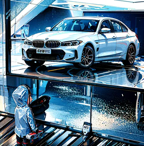 a child in a white raincoat looks at the new bmw 320 in a shop window，toy car in hand，8k，4k