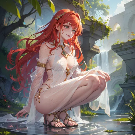 (masterpiece), best quality, ginger hair, red hair, scottish witch, scottish succubus, ultra-detailed, (ethereal), (lady of the lake),(alluringly beautiful:1.2),(captivatingly sexy:1.3), floating, (vibrant:0.9+pastel:0.8) colors, (reflection on water:1.2),...