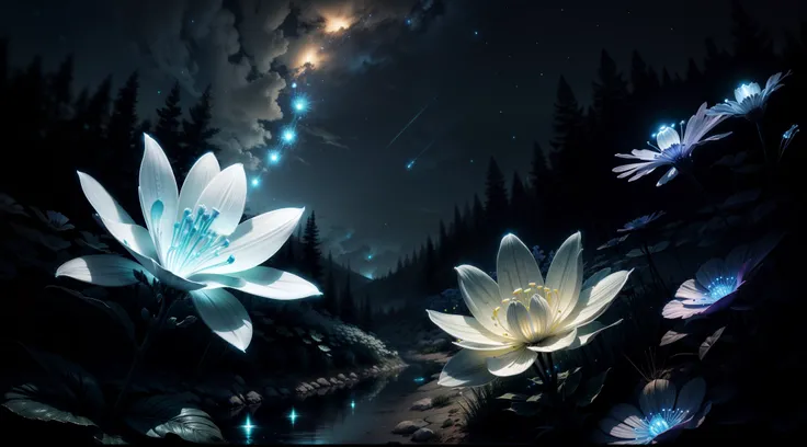 bioluminescence, white flowers, night, sky, fireflies