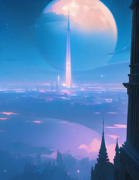 the met、Painting of a river with stars and moon in the sky、the met、Skyscrapers、Concept art inspired by Mitsuoki Tosa、pixiv contest winners、top-quality、Fantasyart、beautiful anime scene、Bright moon、Moonlit star environment、Dream painting、Anime Background Art...