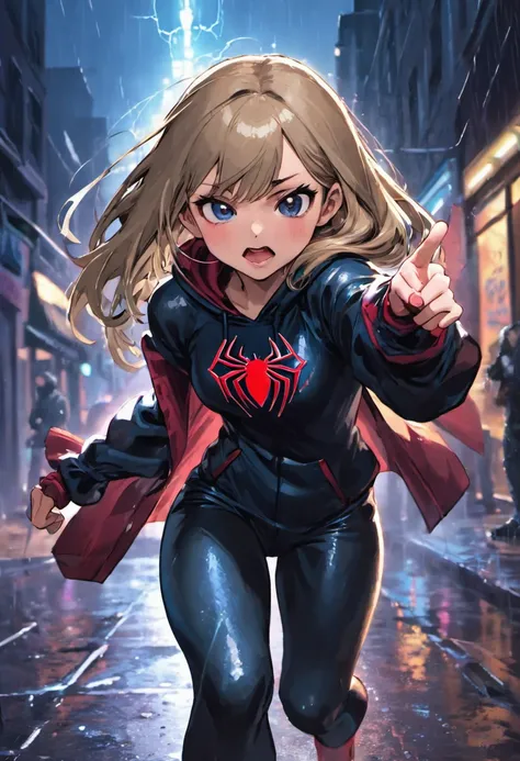 Closeup photographs, a teenage girl who is half mexican half white, has light tan skin, has curtain bangs and shoulder length hair, wearing black and blue spiderman suit and normal clothes in poses running, fighting stances, and doing peace sign, listening...