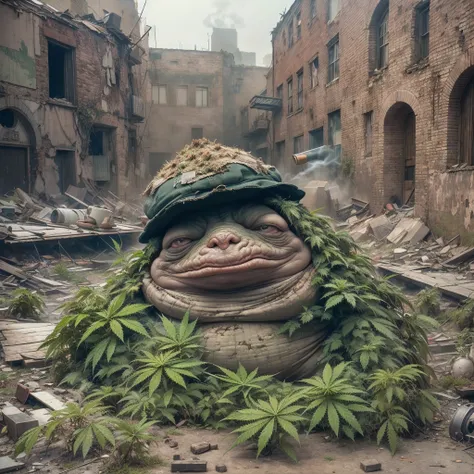 Jabba the Hut covered in marijuana wearing a BLACK flat cap hat is SMOKING MARIJUANA in the middle of the abandoned city