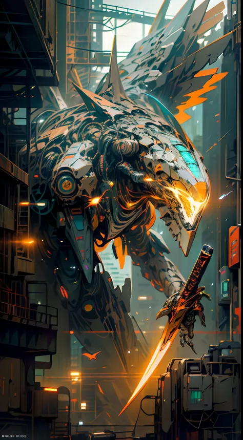 barren planets, ruins, holding_weapon, no_humans, glowing, robot, building, glowing_eyes,bird mecha, orange mecha, science_fiction, city, realistic,mecha,Milky Way Galaxy background,neon,cyberpunk,