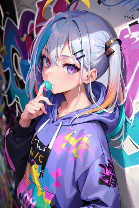 masterpiece, high quality, highres, absurdres, ultra-detailed, 8k, 1girl, platinum grey hair, blue hair, multicolored hair, gradient hair, looking at viewer, colorful eyes, colorful hoodie, (graffiti murals wall background:1.15), brilliant colorful paintin...