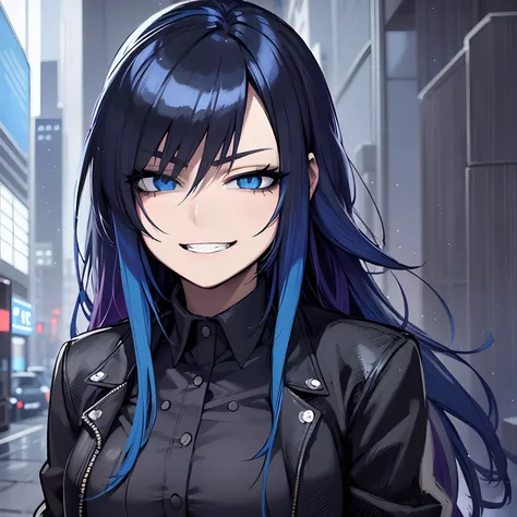 Menina anime com cabelo azul e jaqueta preta na chuva, arte de anime realista, Jet Black Haired Cyberpunk Menina, realistic anime art style, menina bonita do cabelo azul, Epic anime style, estilo anime 4K, em estilo anime, retrato estilo anime, em estilo a...