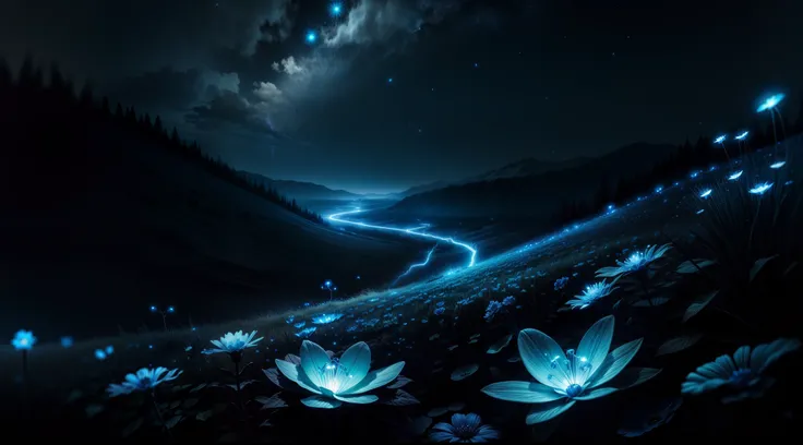 bioluminescence, blue flowers, night, sky, fireflies