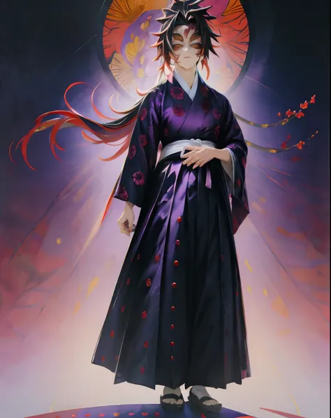 ropa kokushibo, purple yukata, hakama negro, pieza maestra, luz de borde, mejor calidad, extremadamente detallado,((longseason_p...