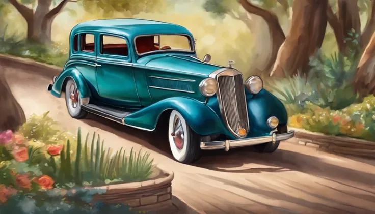 The back of a classic car is painted in watercolor, usado para os noivos em sua lua de mel, in a funny cartoon style, frequentemente usado em convites de casamento