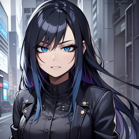 Menina anime com cabelo azul e jaqueta preta na chuva, arte de anime realista, Jet Black Haired Cyberpunk Menina, realistic anime art style, menina bonita do cabelo azul, Epic anime style, estilo anime 4K, em estilo anime, retrato estilo anime, em estilo a...