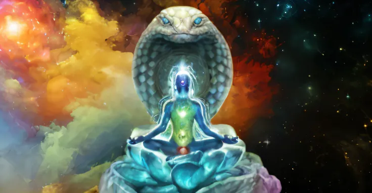 There is a snake sitting in lotus position with a human body, kundalini energia, irradiando energia de renascimento, Deusa DMT, Entidade DMT, cosmic enlightenment, Entidades DMT, dmt deus, galactic dmt entity, um ser interdimensional, epic shamanic dmt art...