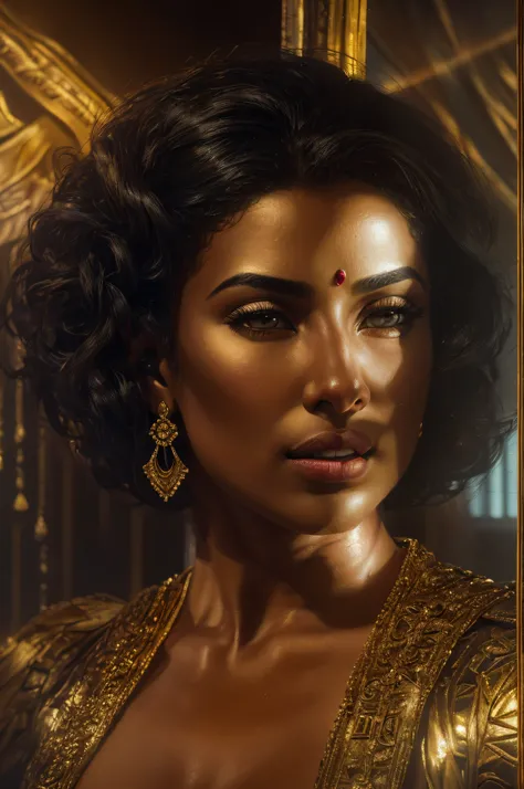 Generate a full body image focusing on the golden mask gently resting on Cleopatras serene face, a look-alike of Priyanka Chopra, a golden tint, mode of golden powder, on her skin al over her body, illuminated by the soft candlelight in her opulent room., ...