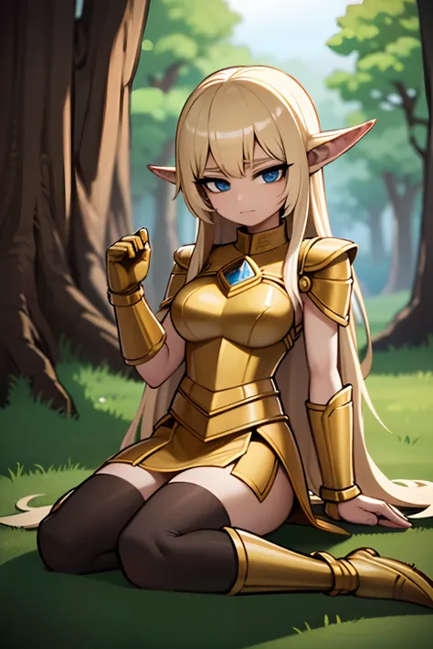 young girl, elve ears, blonde hair, golden armor, sensual armor, valkyrie armor, golden top armor, golden iron skirt, in a iluminated elfic forest, blue trees, blue sun, mystic forest, fireflys, 4k