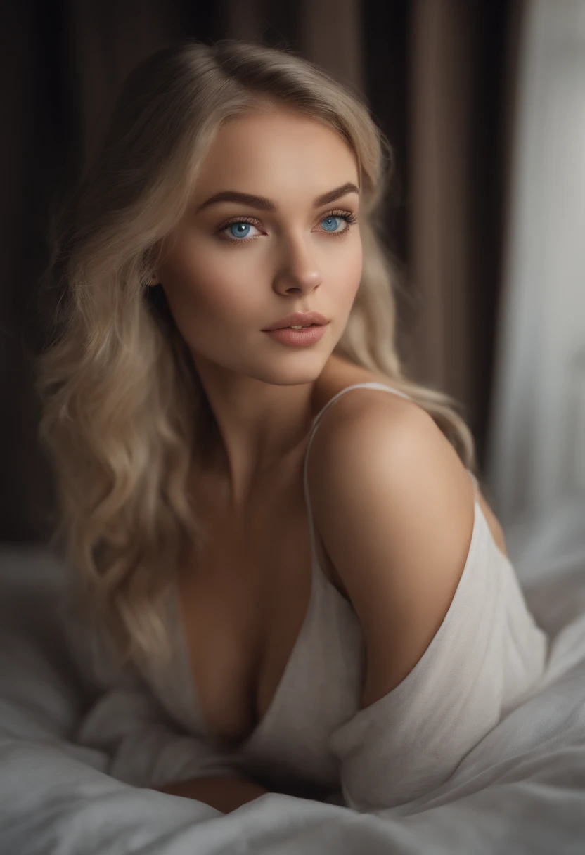 Arafed woman in full , Sexy girl with blue eyes, ultra realistis, Meticulous detail, portrait sophie mudd, blonde hair and large eyes, selfie of a young woman, bedroom eyes, violet myers, no makeup, natural makeup, looking straight at camera, face with art...