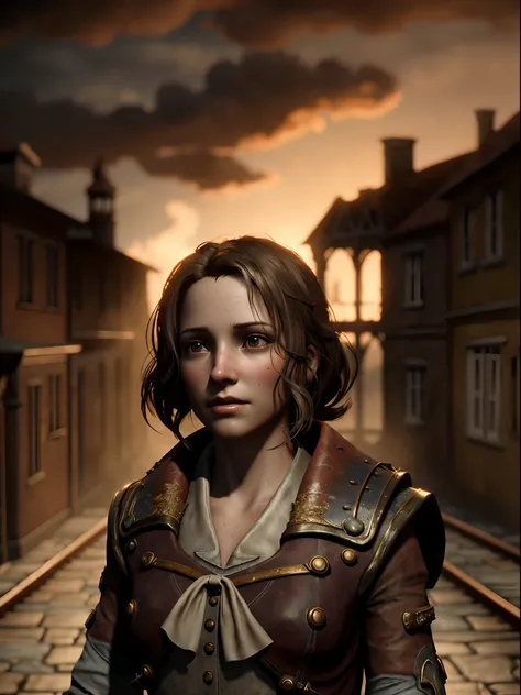 Masterpiece, Realistic, Photorealistic, Ultra Detailed, 8K, RAW photo, Depth of field, Realistic light, cinematic composition, skyscape with clouds,  nightfall, Depth of field, 35 mm, Soft steampunk aesthetic, Kate Walker, in small european town in 1910, f...