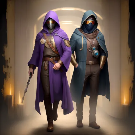 (Masterpiece, Best Quality, Highres:1.4), full body of male faceless hooded, full mask artificer, brass goggles, purple robe