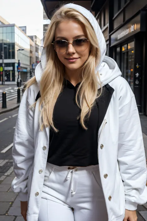 30 years old blonde woman, white hoodie, black pants, makeup, high detail face, smile, seductive look, high detail hands, high detail eyes, long blonde hair, white skin, ultrarealistic, posing in Birmingham city centre UK, dark shot, full body photo, autum...