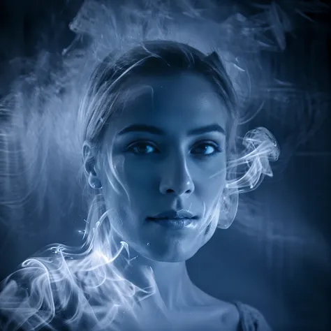 a woman made of blue smoke. Ultra Photorealistic, Cinematic Lighting.