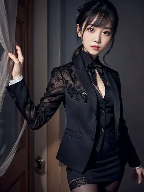 Charming beauties、black pantyhose、Suit jacket、Black tight skirt、beauty legs、Dyed in darkness、lacy fabric