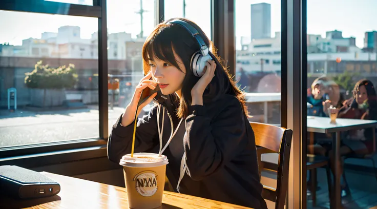 Anime Girl In Headphones Running On PC, Coffee cup and lava lamp on table, Window with urban background. fat cat