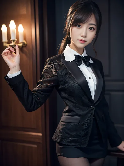 Charming beauties、black pantyhose、Suit jacket、Black tight skirt、beauty legs、Dyed in darkness、lacy fabric