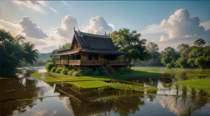 master-piece, beste-Qualit, 8k UHD, DSLR, grain of film, Fujifilm XT3, photorealistic painting art by midjourney and greg rutkowski, (house,Thai Style,Lanna), (environment,rice field,farmer,trees)