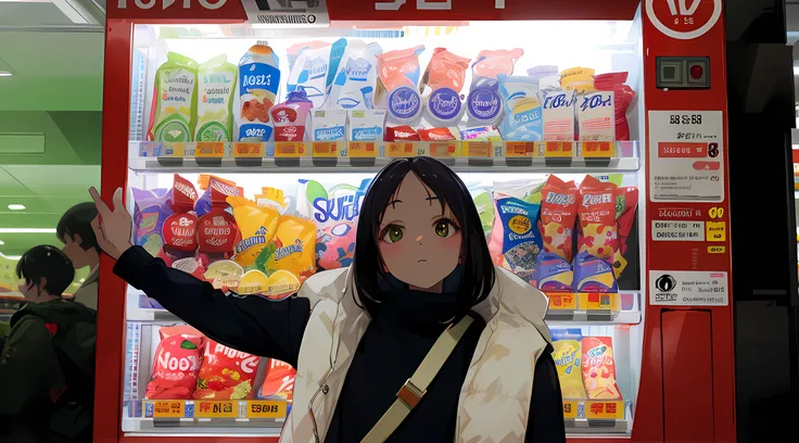 araffe vending machine with a woman standing in front of it, lofi girl, stood in a supermarket, in a mall, lofi girl aesthetic, convenience store, taken with canon 8 0 d, soda themed girl, smooth in _ the background, semi realism, at a mall, shot on nikon ...