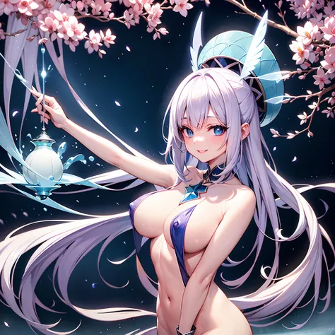 Naked wizard girl in open-air bath in Japan、White lob hair with blue-violet mesh、Blue eyes with highlights、Looking at me with a smile、Large witch hat with sapphire accessories、nudde、fullnude、B cup breasts、toppless、bottom less、R-18、Eromanga、Hentai anime、nip...