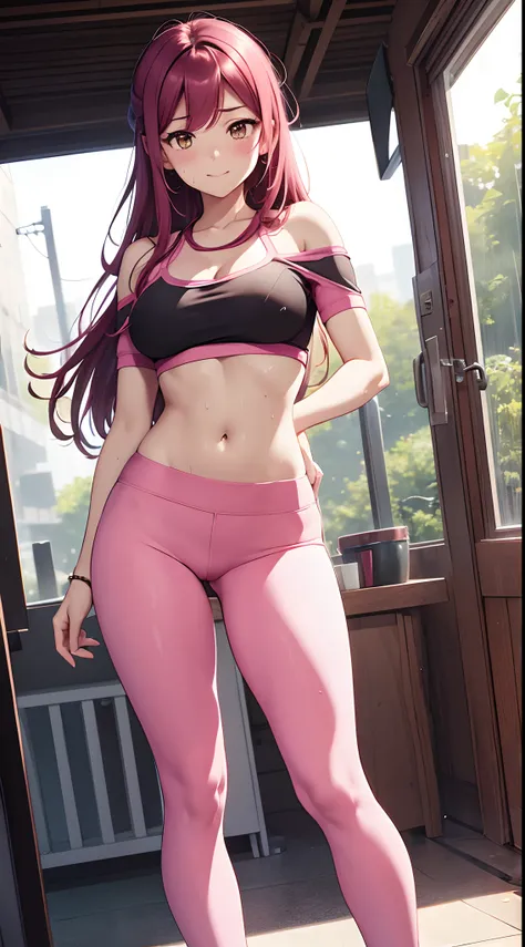 Sakurauchi riko, pink skinny sweet pants, tight gym bra, sweating,sweat drops , slightly smile, (cleavage:0.7),unstyled hair,wet hair,yellow eyes,thicc legs, standing, arms behind back,off shoulder