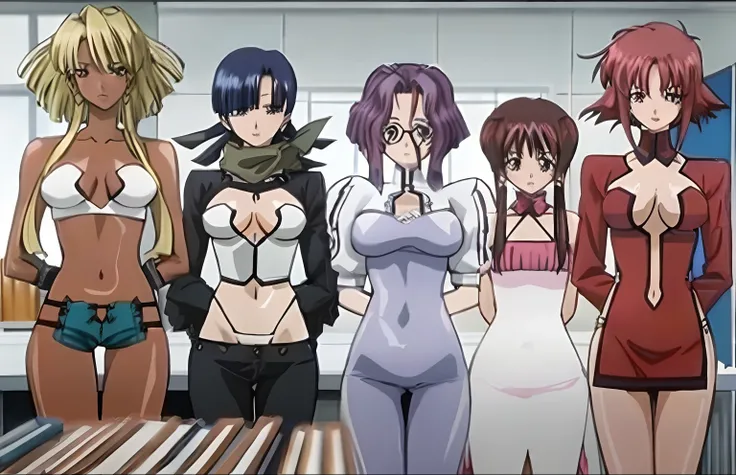 A group of women in lingersuits costumes standing in a room, estilo anime Gainax, estilo de anime madhouse, estilo anime Ecchi, ikki tousen |, highschool dxd, Anime Maids montando tanques antigos, Gainax, Estilo Ecchi, Lagoa Negra, garotas de anime, Obra-p...