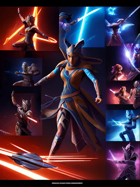 (masterpiece) Fast-paced action scene of Ahsoka Tano in the style shine rhinestone crystals, photorealistic scenes, detailed comic book arts, epic, rtx on, daz3d, animated illustrations, digital art techniques, intense full body, within a vibrant hologram.