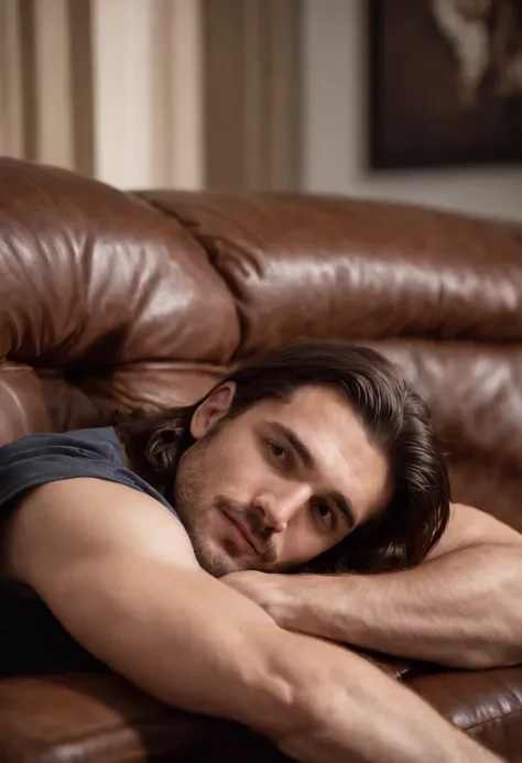 Man with long brown hair playing with his erect penis on a leather couch biting his lower lip