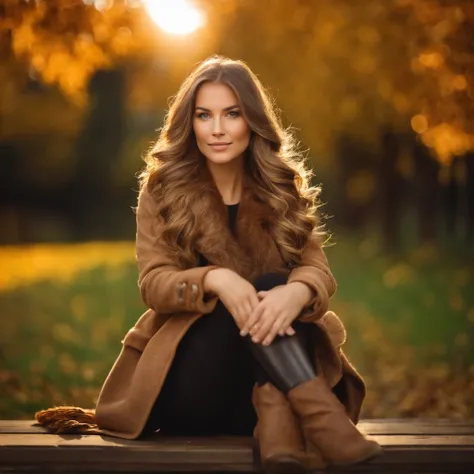 Professional portrait photo of beautiful Norwegian girl in autumn clothes with long wavy brown hair, (( Koketter Blick)), Sommersprossen, beautiful symmetrical face, cute natural makeup, ((Sitting on a bench outside in the park in autumn)), Atemberaubende,...