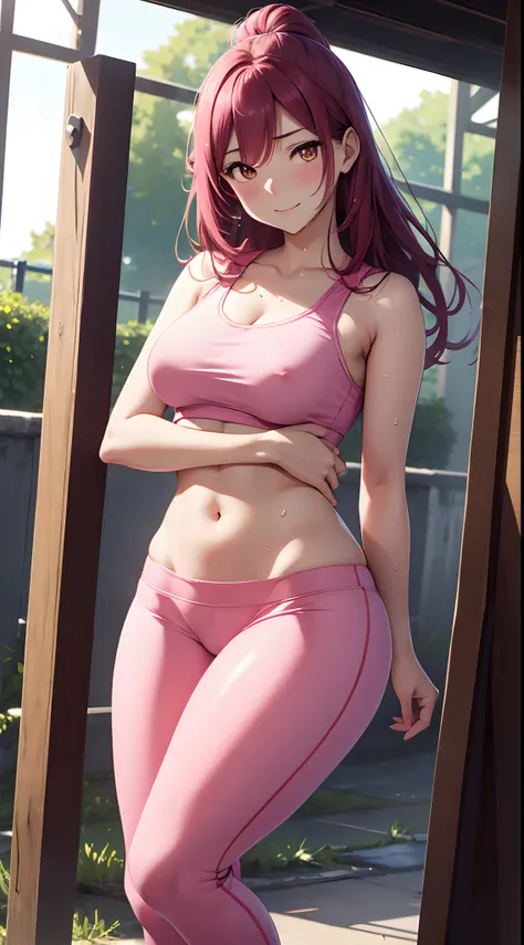 Sakurauchi riko, pink skinny sweet pants, tight gym bra, sweating,sweat drops , slightly smile, (cleavage:0.7),unstyled hair,wet hair,yellow eyes,thicc legs, standing, arms behind back,NSFW, NSFW style