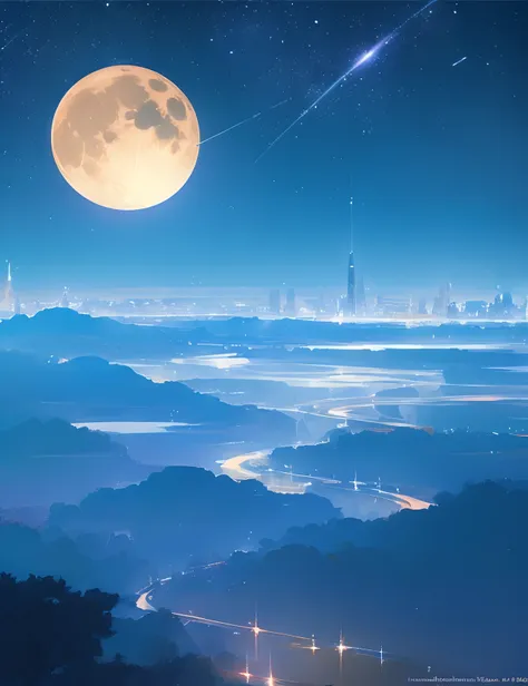 the met、painting of a river with stars and moon in the sky、the met、skyscrapers、concept art inspired by mitsuoki tosa、pixiv conte...