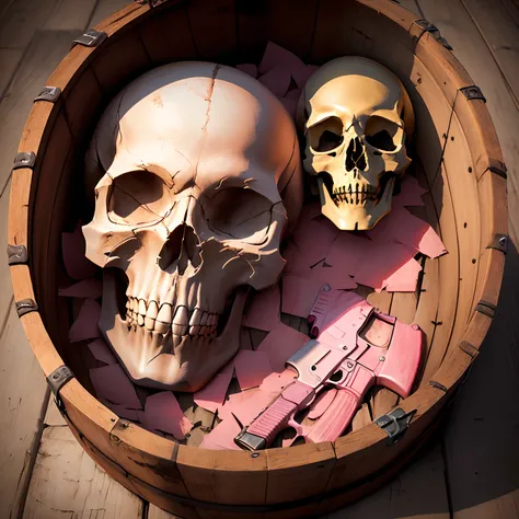 barrel of a pink Ak47 pointed at a skull