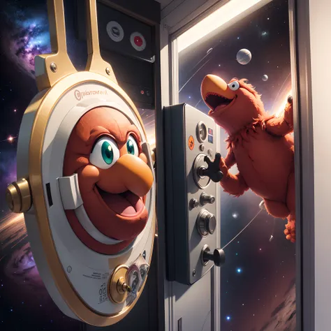 Elmo spreading money in outer space picture taken from a ring doorbell