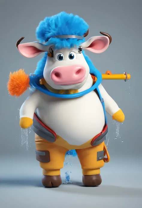 a 3d fat cow furry wearing a blue lifejacket taking a shower