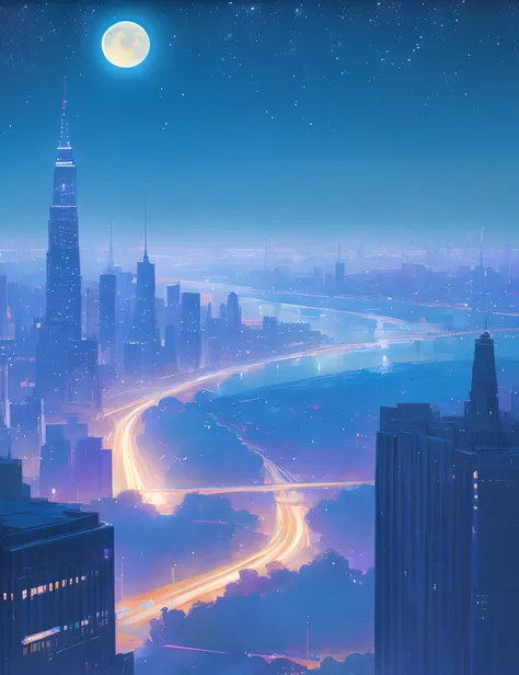 the met、Painting of a river with stars and moon in the sky、the met、Skyscrapers、Concept art inspired by Mitsuoki Tosa、top-quality、Bright moon、Moonlit star environment、Dream painting、Anime Background Art、Fantastic art、Detail Enhancement