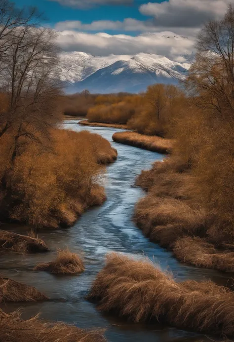 An image of a majestic braided river with a beaver dam complex, Waterfowl flying overhead, award winning photography, Chromatic Aberration, Detailed , HDR, art by midjourney