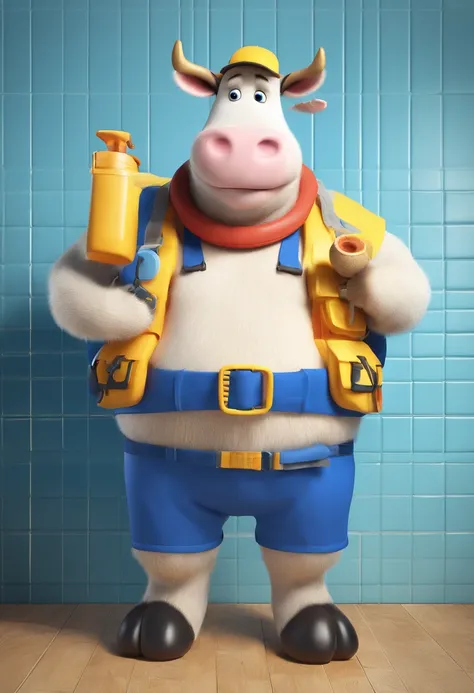 a 3d fat cow furry wearing a blue lifejacket taking a shower