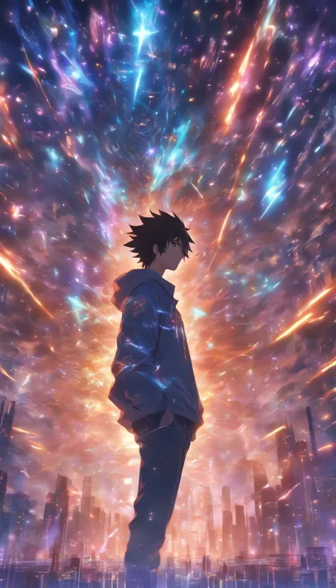 /imagine prompt: A young man, facing a massive black algorithm model with a mysterious glow and immense power, ,32k, best quality, masterpiece, super detail, high details, by Makoto Shinkai ,in the style of the stars art group xing xing, --niji 5"