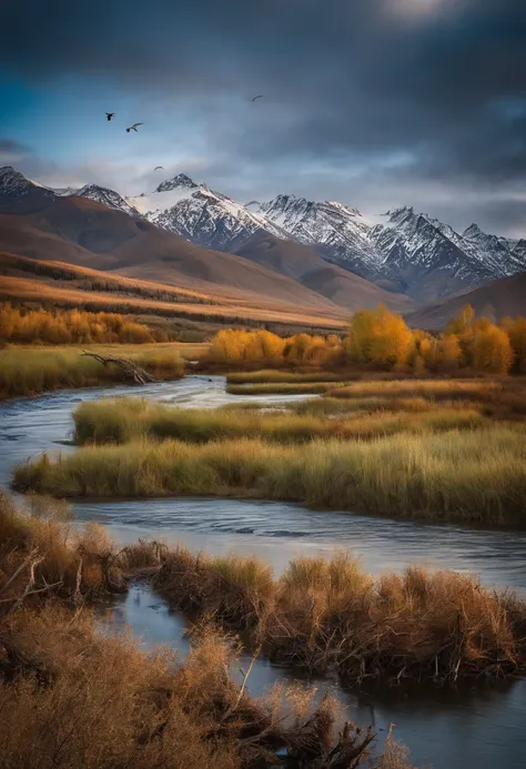 An image of a majestic braided river with a beaver dam complex, Waterfowl flying overhead, award winning photography, Detailed, HDR