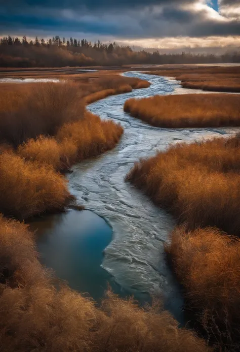 An image of a majestic braided river with a beaver dam complex, Waterfowl flying overhead, award winning photography, Detailed, HDR