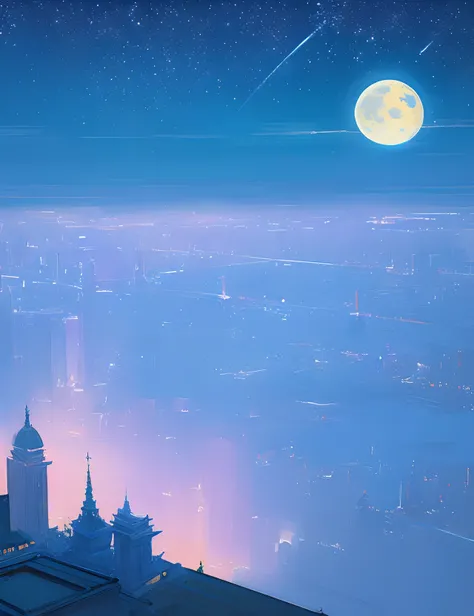 the met、Painting of a river with stars and moon in the sky、the met、Skyscrapers、Concept art inspired by Mitsuoki Tosa、top-quality、Bright moon、Moonlit star environment、Dream painting、Anime Background Art、Fantastic art、Detail Enhancement